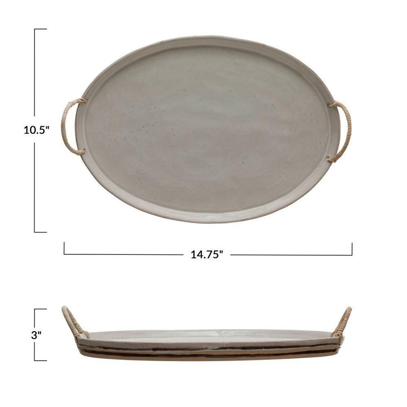 Stoneware Platter + Rattan Wrapped Handles - Sootheandsage.com